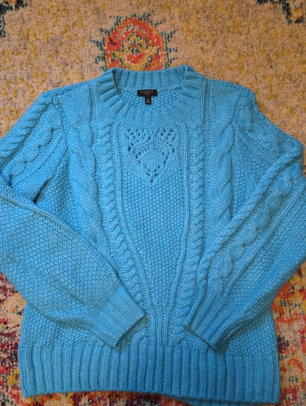 Talbots Blue Balloon Sleeve Cable Knit Sweater MP Med Petite